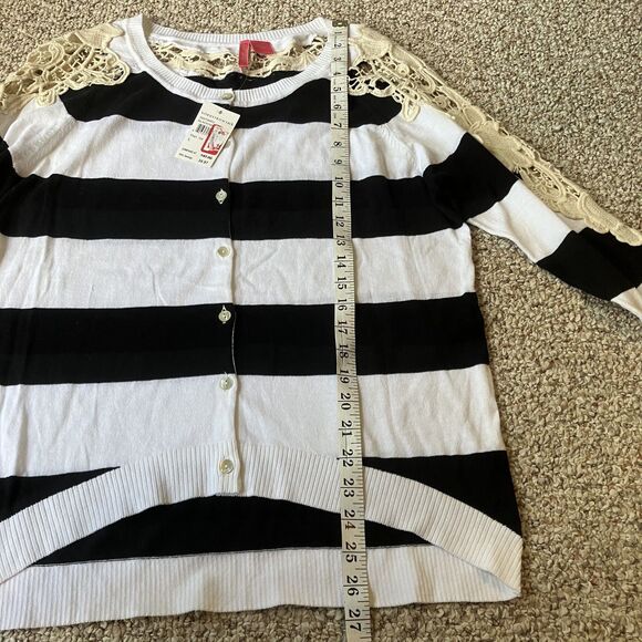 Nordstrom Charlotte Cardigan Sweater Size L Crochet Lace Stripes Twee Black Whit - Picture 11 of 11